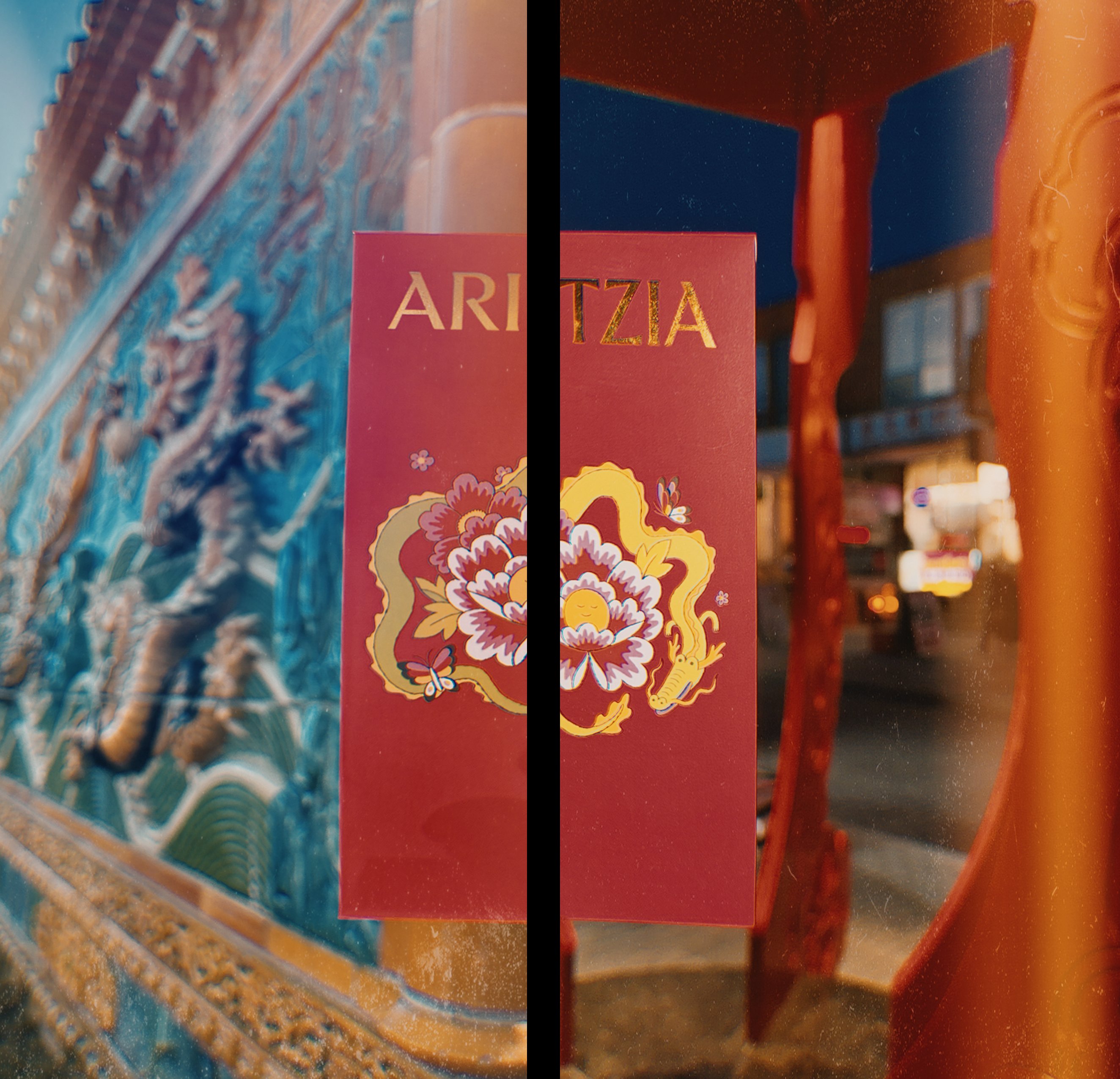 Diptych — Aritzia red envelope against Chinatown architecture