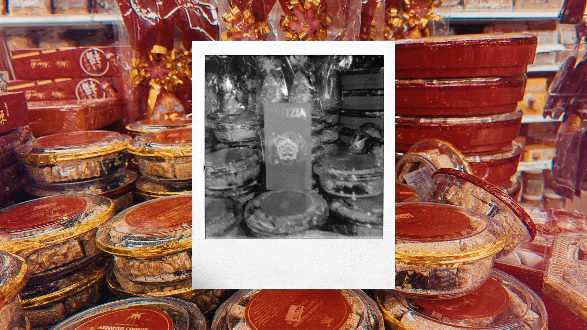 Polaroid layered over Chinatown market goods