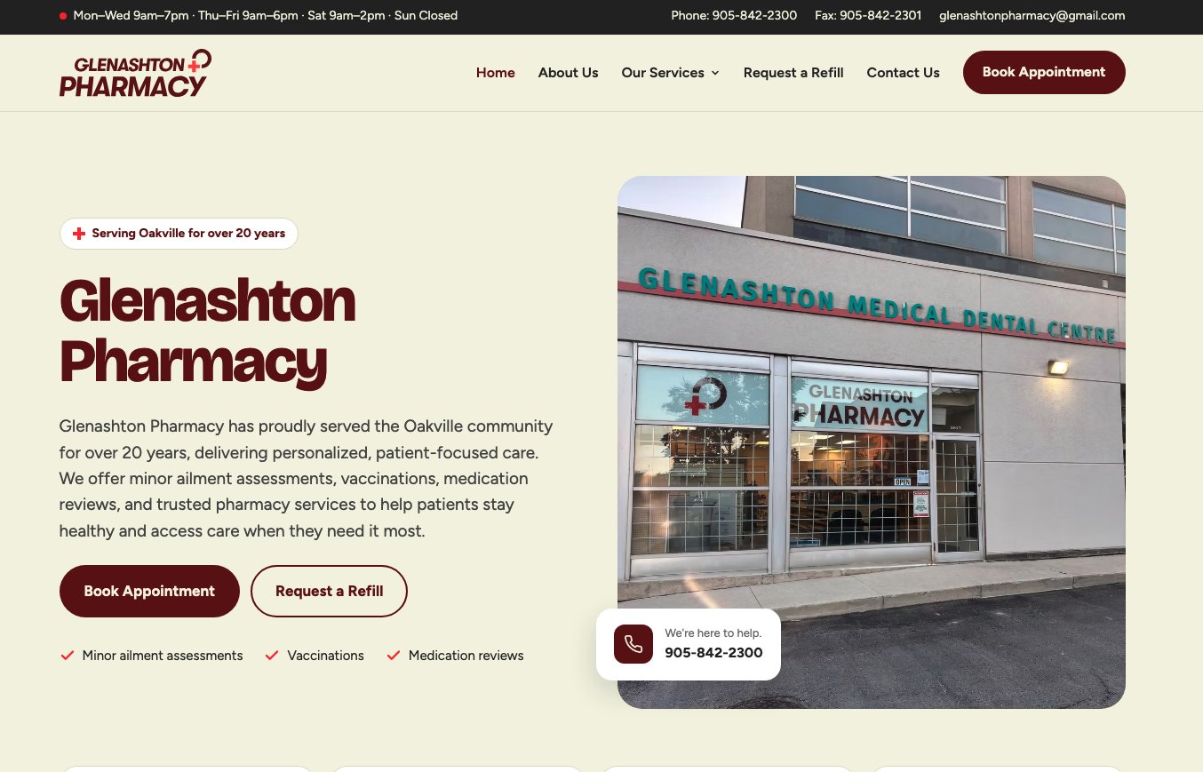 The redesigned Glenashton Pharmacy homepage, with hours bar, booking and refill buttons, and a photo of the storefront