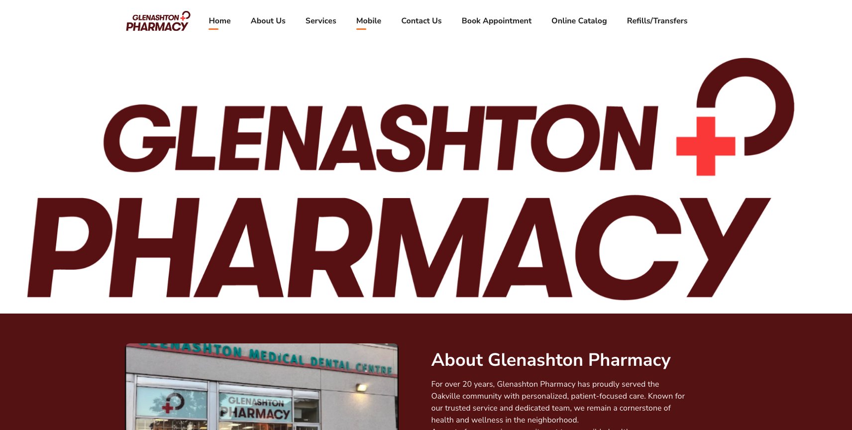 The old Glenashton Pharmacy homepage, with an eight-item menu and an oversized logo filling the first screen