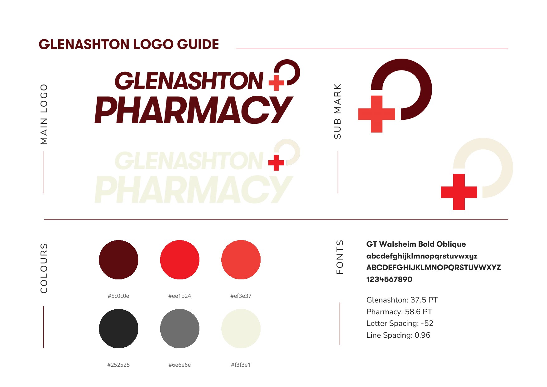 Glenashton logo guide showing the main logo, reversed logo, sub mark, six-colour palette, and type specifications